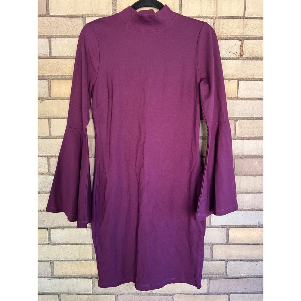 Venus Plum Purple Mock Neck Long Bell Sleeve Dress Stretch Knit Size Medium